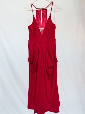 BCBG Red Midi Dress | Deep V Slip Dress | Pockets | Formal Event Dress